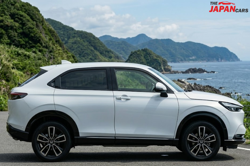 2023 Honda Vezel hybrid SUV in white on scenic road