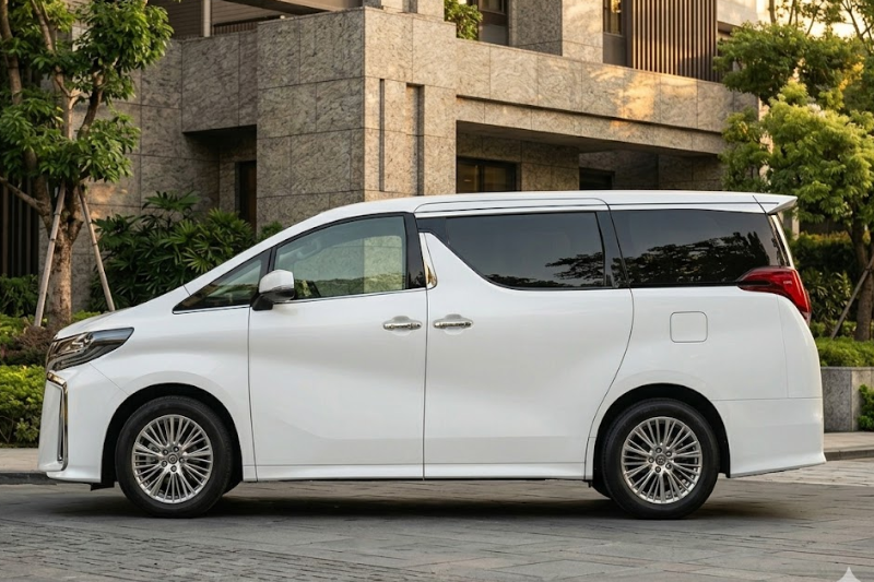 2023 Toyota Alphard luxury minivan in white parked in modern city