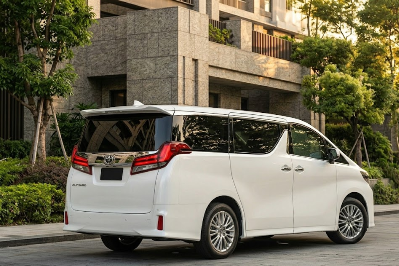 2023 Toyota Alphard luxury minivan in white parked in modern city